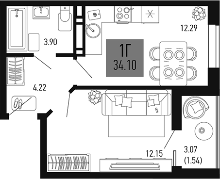 Планировка — Столицыно, 1-комн., 33 м²