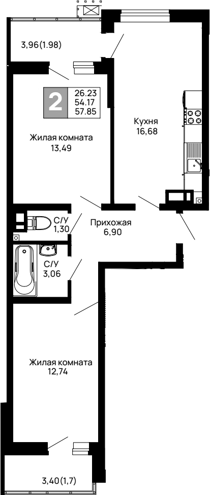 Планировка — Долина, 2-комн., 54 м²