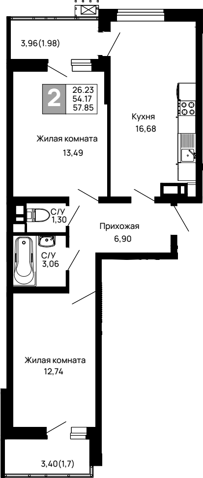 Планировка — Долина, 2-комн., 54 м²