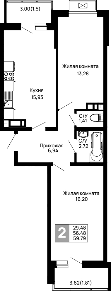 Планировка — Долина, 2-комн., 56 м²