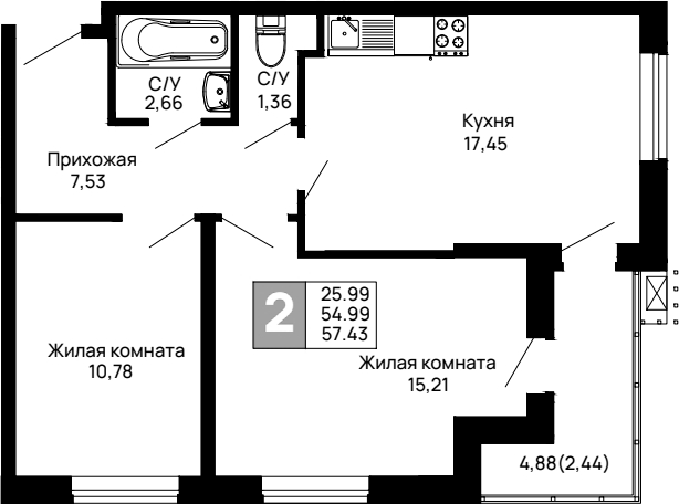 Планировка — Долина, 2-комн., 55 м²