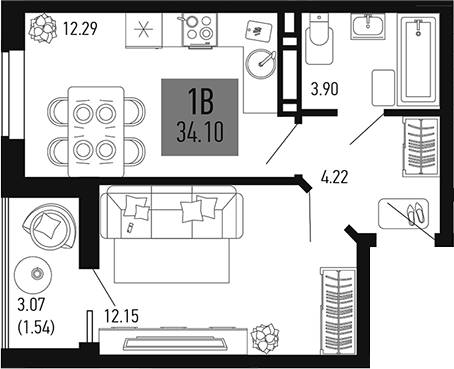 Планировка — Столицыно, 1-комн., 33 м²