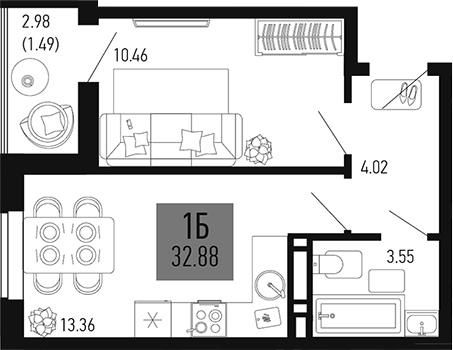 Планировка — Столицыно, 1-комн., 31 м²