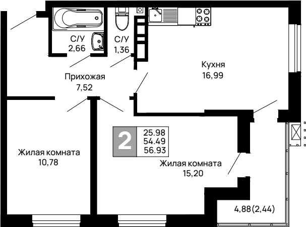 Планировка — Долина, 2-комн., 54 м²