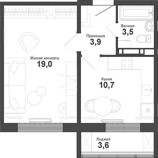 Планировка — Чистая Слобода, 1-комн., 37 м²