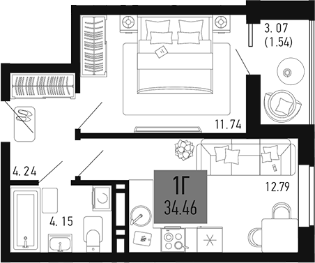 Планировка — Столицыно, 1-комн., 33 м²