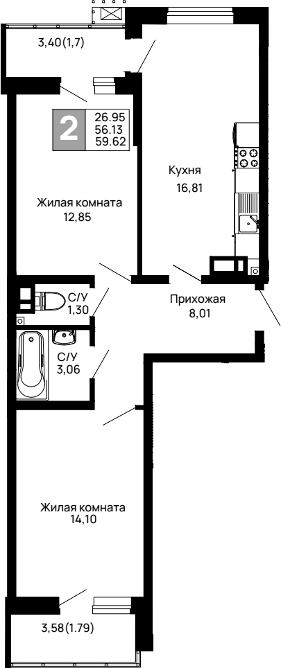 Планировка — Долина, 2-комн., 56 м²