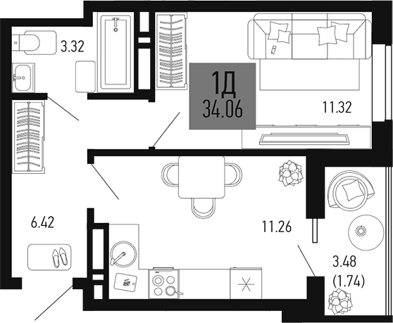 Планировка — Столицыно, 1-комн., 32 м²