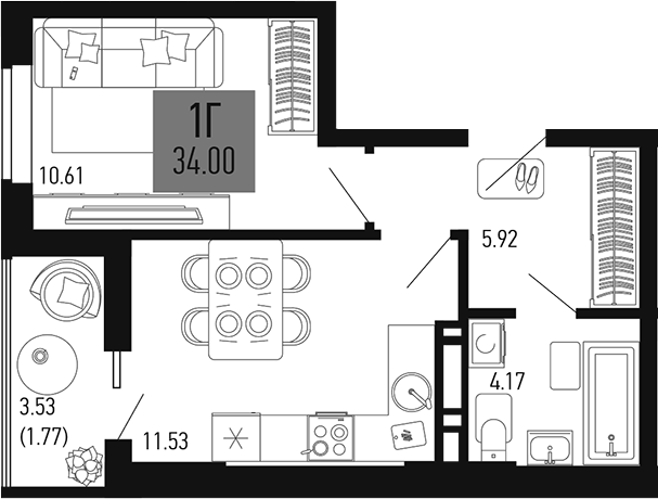Планировка — Столицыно, 1-комн., 32 м²
