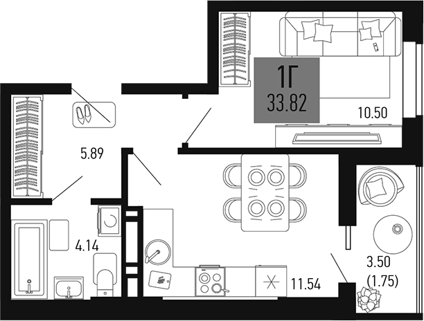 Планировка — Столицыно, 1-комн., 32 м²