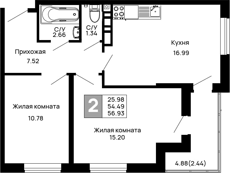 Планировка — Долина, 2-комн., 54 м²