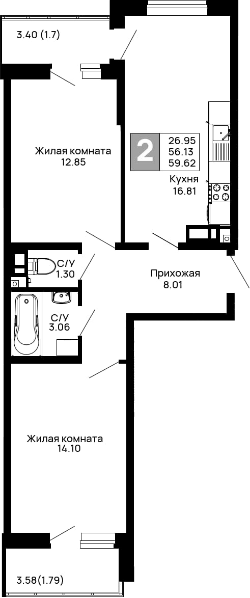 Планировка — Долина, 2-комн., 56 м²