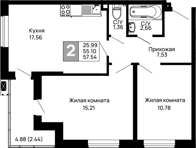 Планировка — Долина, 2-комн., 55 м²