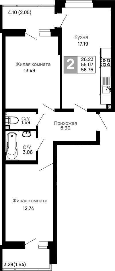 Планировка — Долина, 2-комн., 55 м²