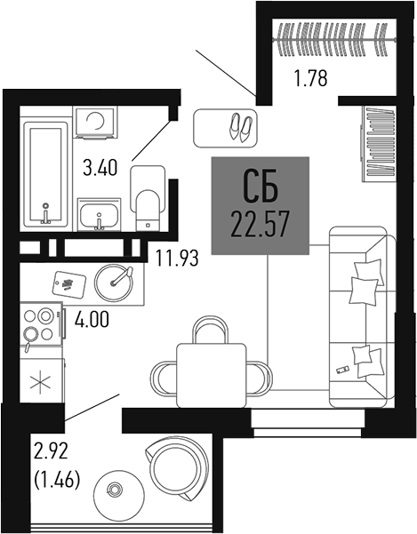 Планировка — Столицыно, Студия, 21 м²