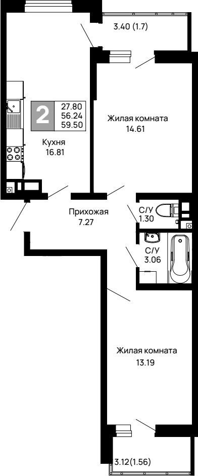 Планировка — Долина, 2-комн., 56 м²