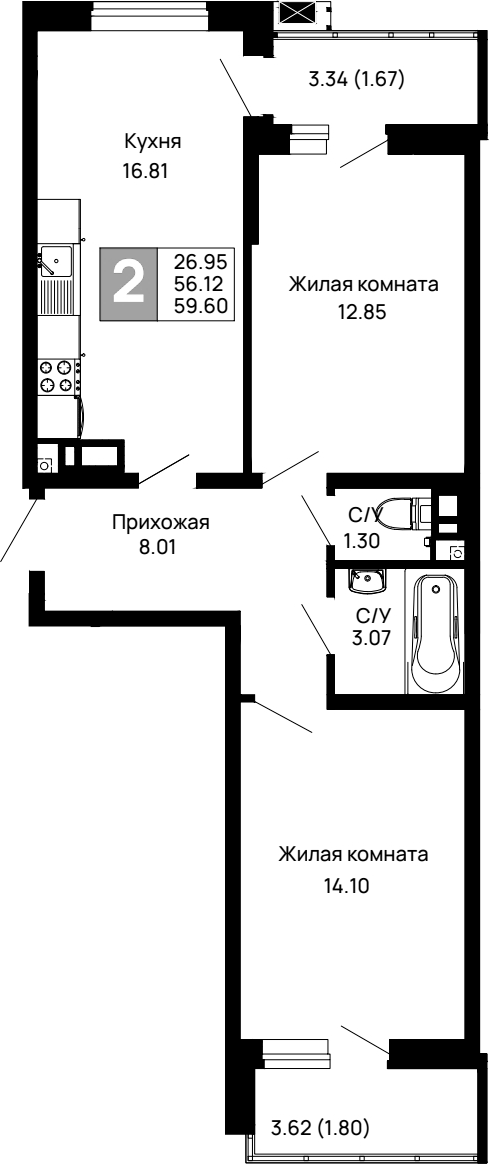 Планировка — Долина, 2-комн., 56 м²