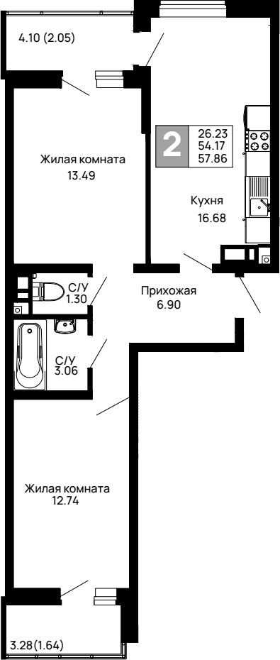 Планировка — Долина, 2-комн., 54 м²
