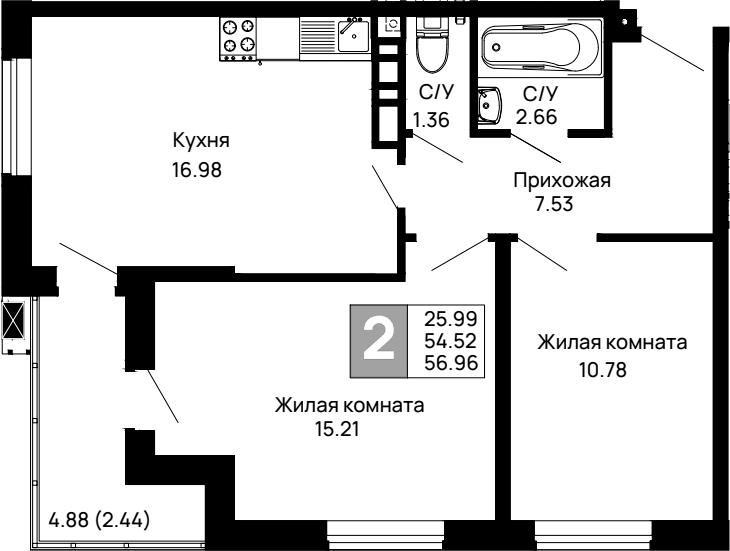 Планировка — Долина, 2-комн., 55 м²