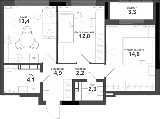 Планировка — Тайгинский парк, 2-комн., 54 м²