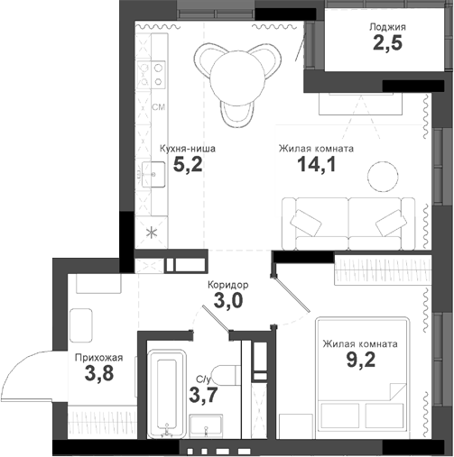 Планировка — Тайгинский парк, 2-комн., 39 м²