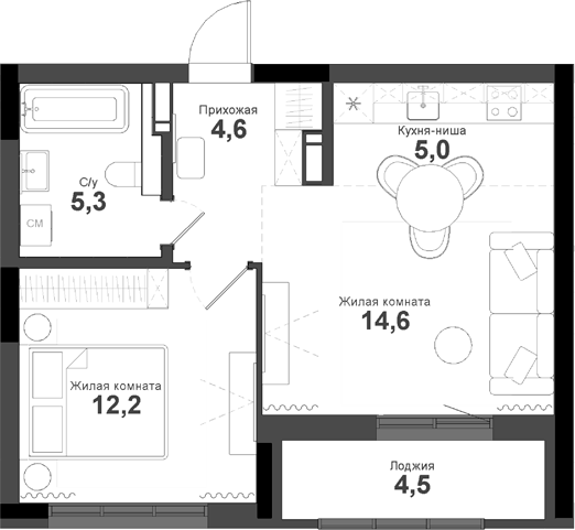Планировка — Тайгинский парк, 2-комн., 42 м²