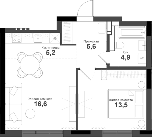 Планировка — Тайгинский парк, 2-комн., 46 м²