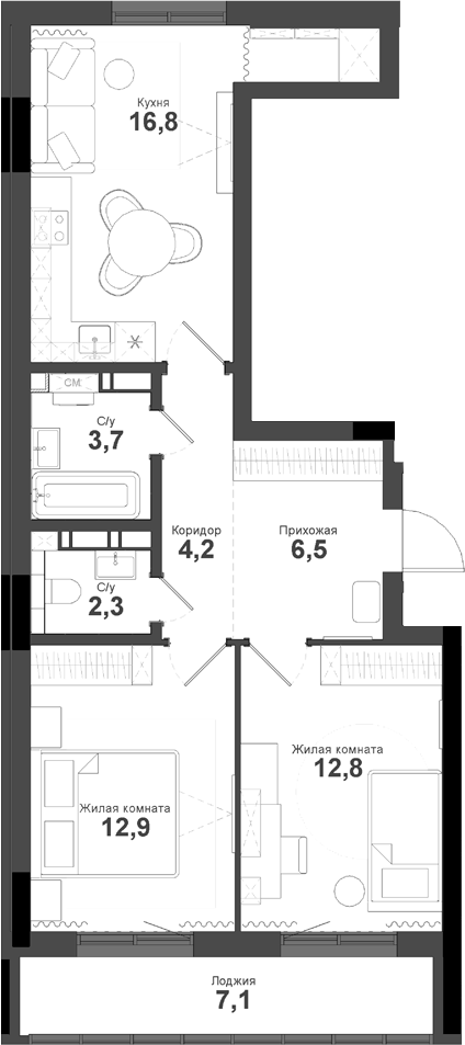 Планировка — Тайгинский парк, 2-комн., 59 м²