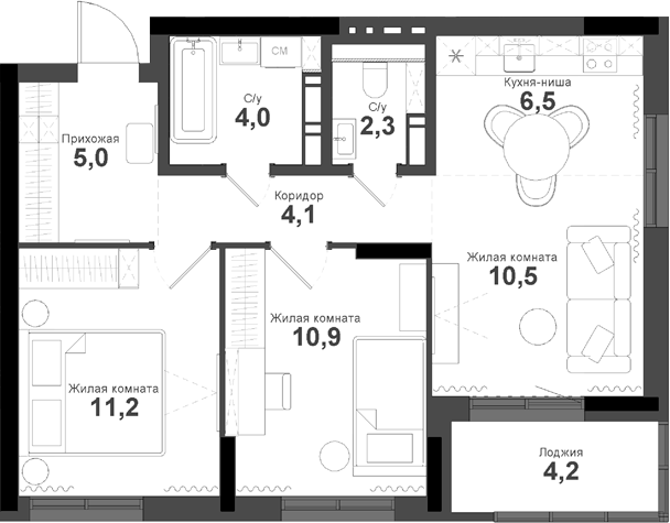 Планировка — Тайгинский парк, 3-комн., 55 м²