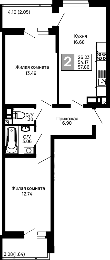 Планировка — Долина, 2-комн., 54 м²