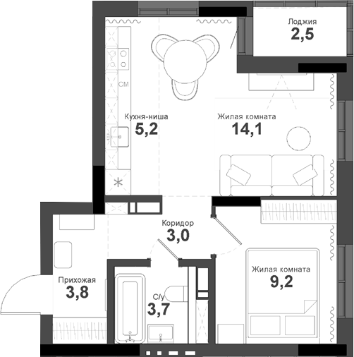 Планировка — Тайгинский парк, 2-комн., 39 м²