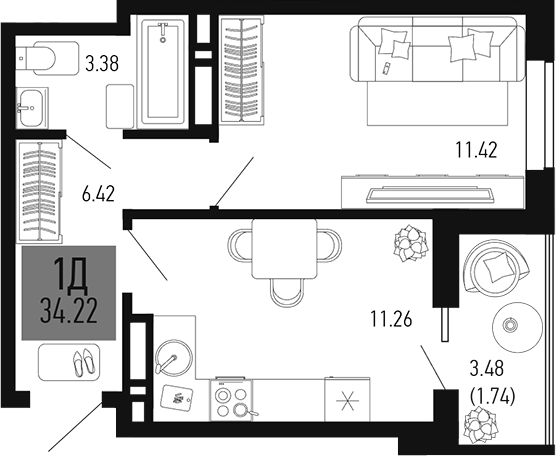 Планировка — Столицыно, 1-комн., 32 м²