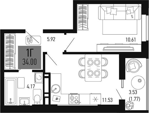 Планировка — Столицыно, 1-комн., 32 м²