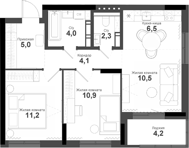 Планировка — Тайгинский парк, 3-комн., 55 м²