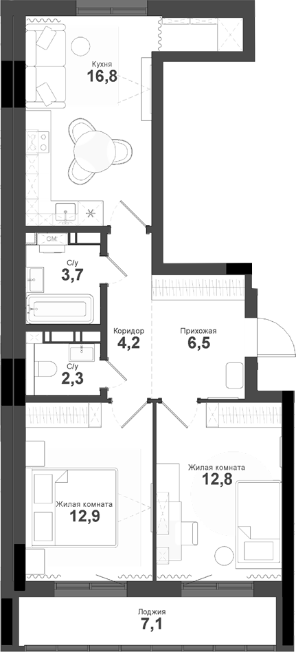 Планировка — Тайгинский парк, 2-комн., 59 м²