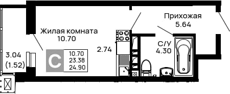 Планировка — Долина, Студия, 23 м²