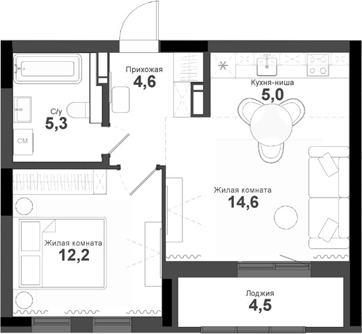 Планировка — Тайгинский парк, 2-комн., 42 м²
