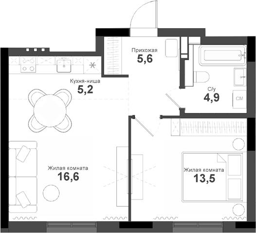 Планировка — Тайгинский парк, 2-комн., 46 м²