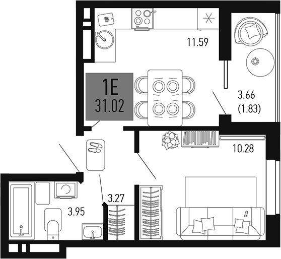 Планировка — Столицыно, 1-комн., 29 м²