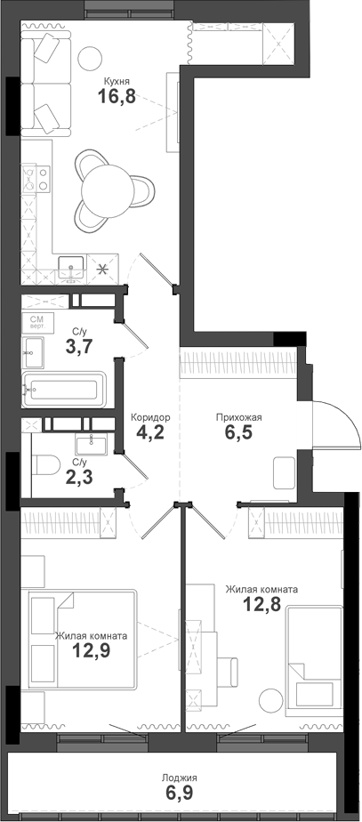 Планировка — Тайгинский парк, 2-комн., 59 м²