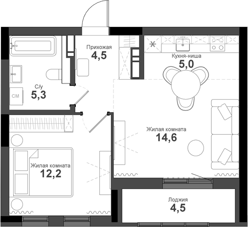 Планировка — Тайгинский парк, 2-комн., 42 м²