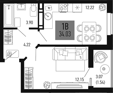 Планировка — Столицыно, 1-комн., 32 м²