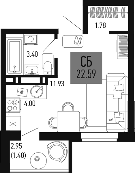 Планировка — Столицыно, Студия, 21 м²