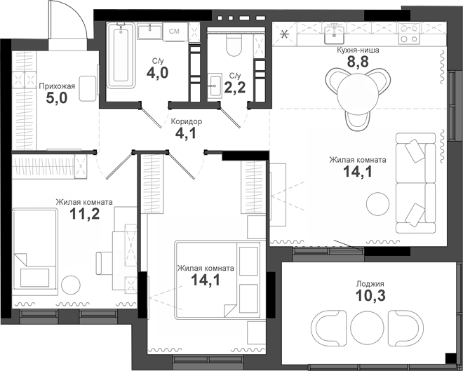 Планировка — Тайгинский парк, 3-комн., 64 м²