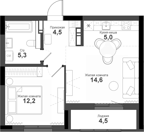 Планировка — Тайгинский парк, 2-комн., 42 м²