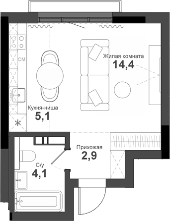 Планировка — Тайгинский парк, Студия, 27 м²
