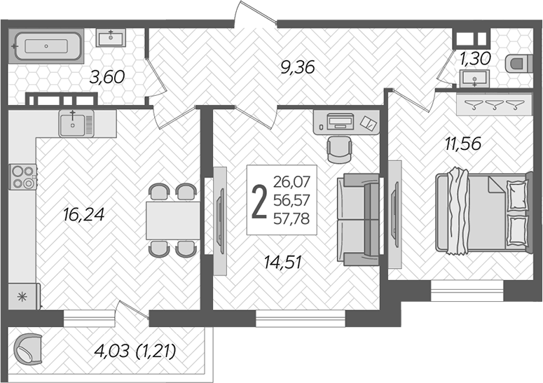 Планировка — Смородина, 2-комн., 57 м²