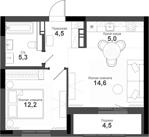 Планировка — Тайгинский парк, 2-комн., 42 м²