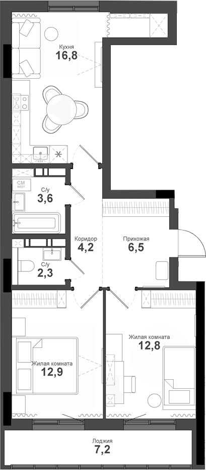 Планировка — Тайгинский парк, 2-комн., 59 м²