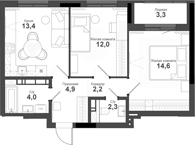 Планировка — Тайгинский парк, 2-комн., 53 м²